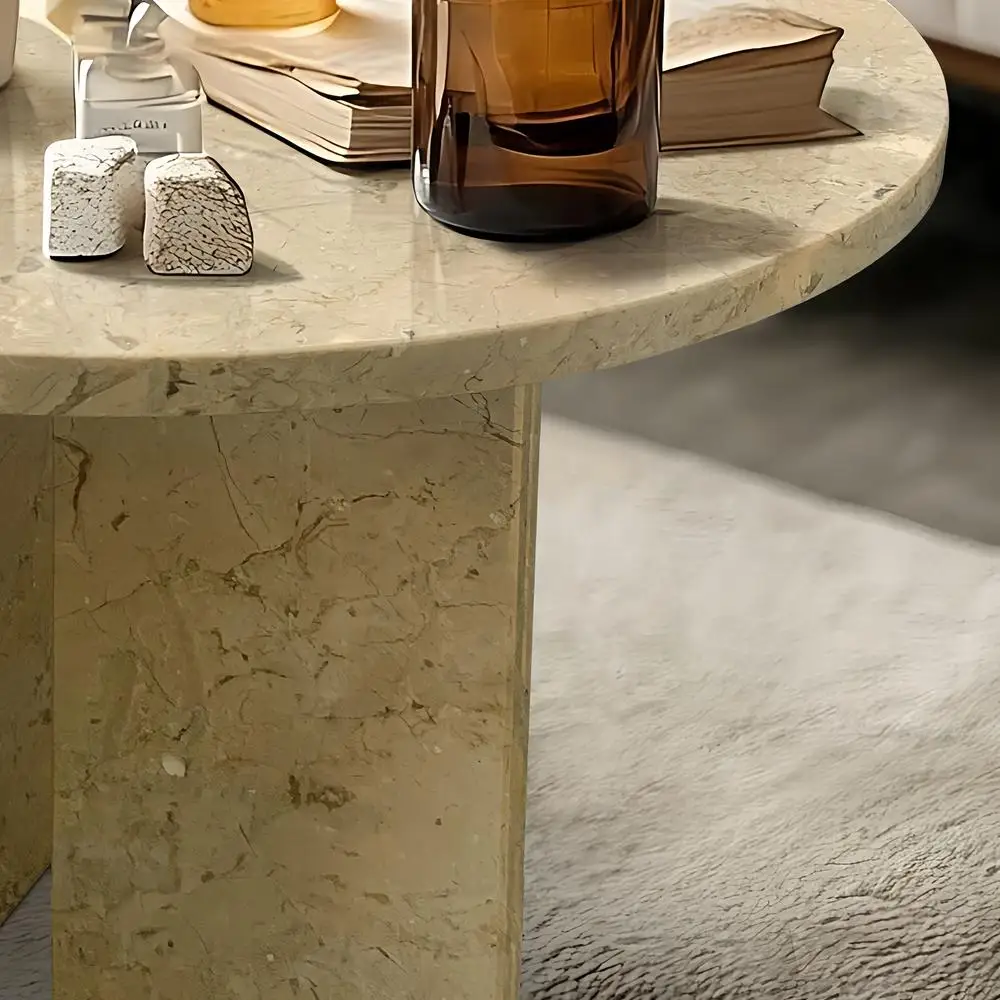 Mesa de centro de mármore natural dourado amarelo bege pequena sala de estar mesa de pedra com detalhes Ø17,7 x 15,8 polegadas mármore polido genuíno