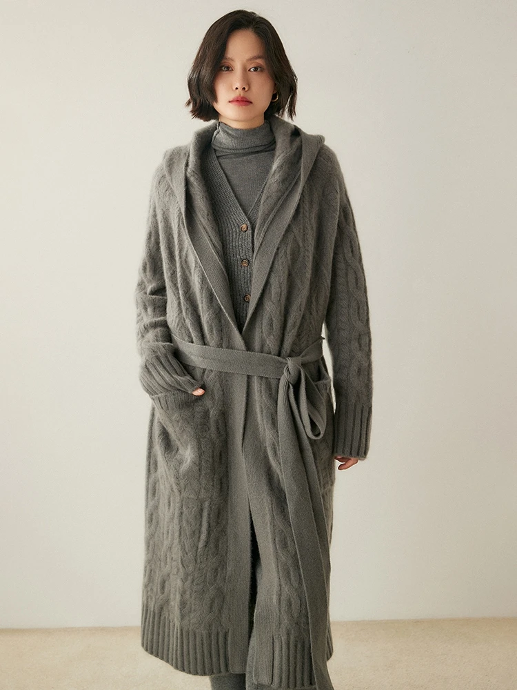 Cardigan lungo con cappuccio da donna di fascia alta Cappotto maglione di cashmere 100% Autunno Inverno Spessore caldo Maglieria di cashmere