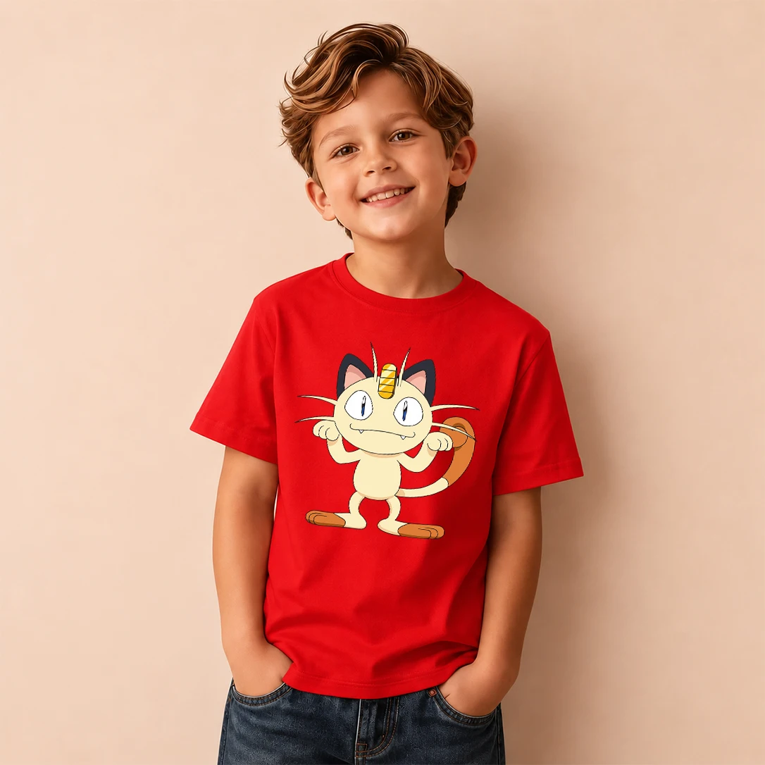 Kids T-shirt Pokemon Meowth Print Short Sleeve Tee Boys Girls Casual Tops Birthday Gift