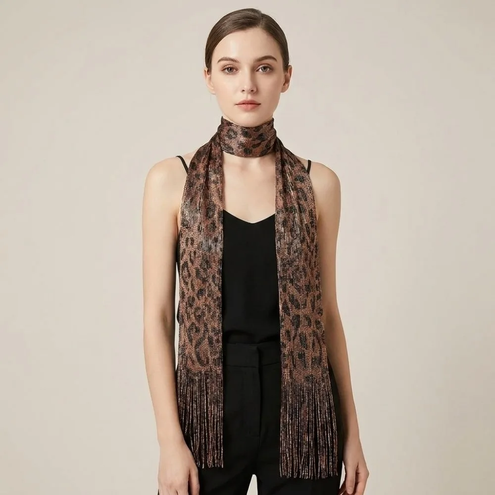 Shiny Women Tassel Scarf Leopard Pattern Long Strip Tiger Stripes Fringe Shawl Fashion INS Thin Ribbon Scarf Evening Dress