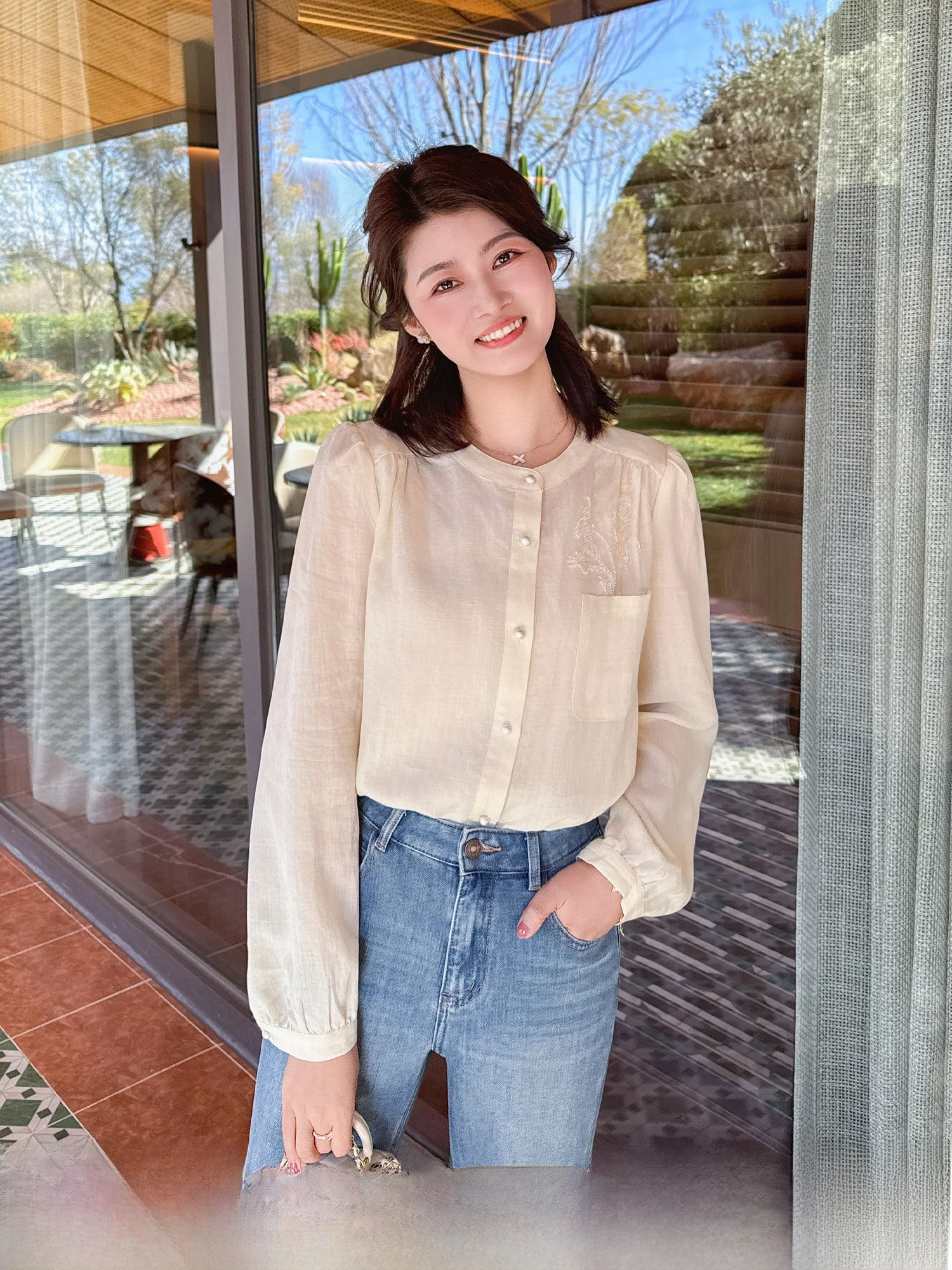 

Женский топ Zillal Purple Lane с вышивкой, свободного кроя, с длинными рукавами, круглым вырезом, с бисерной отделкой, из шелкового лиоцелла