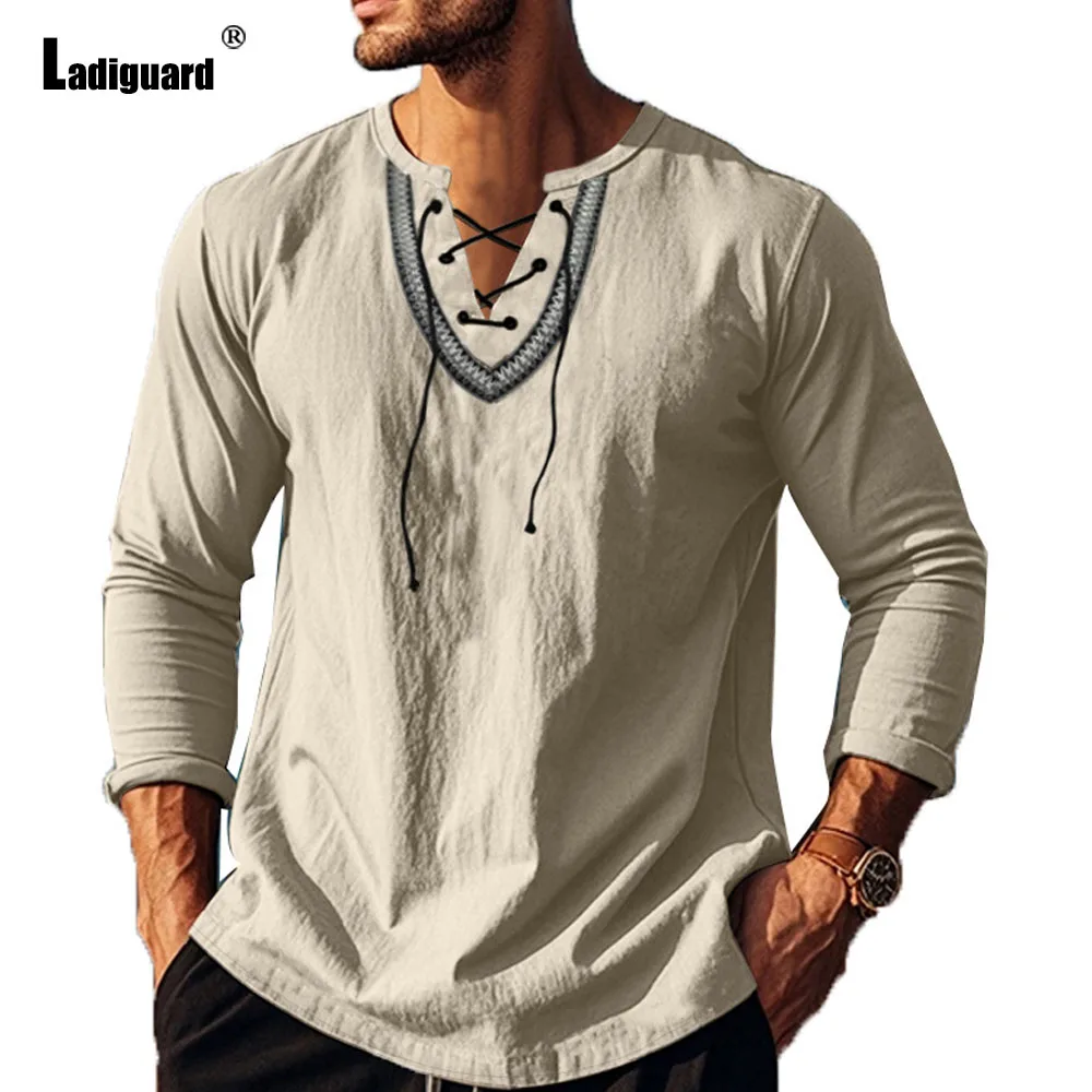 

Plus Size 3xl Mens Casual Linen Shirts Clothing 2024 New Boho Lace-up Shirt Blouse Men Long Sleeves Vintage Basic Tops Pullovers