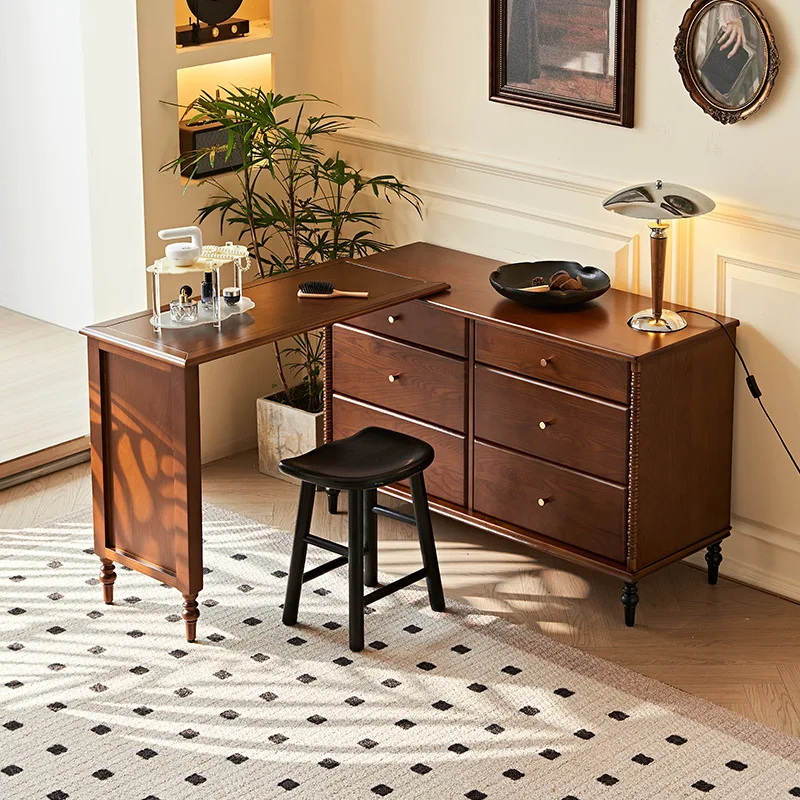 French retro solid wood chest dressing table, antique household bedside retractable multi-functional storage makeup table