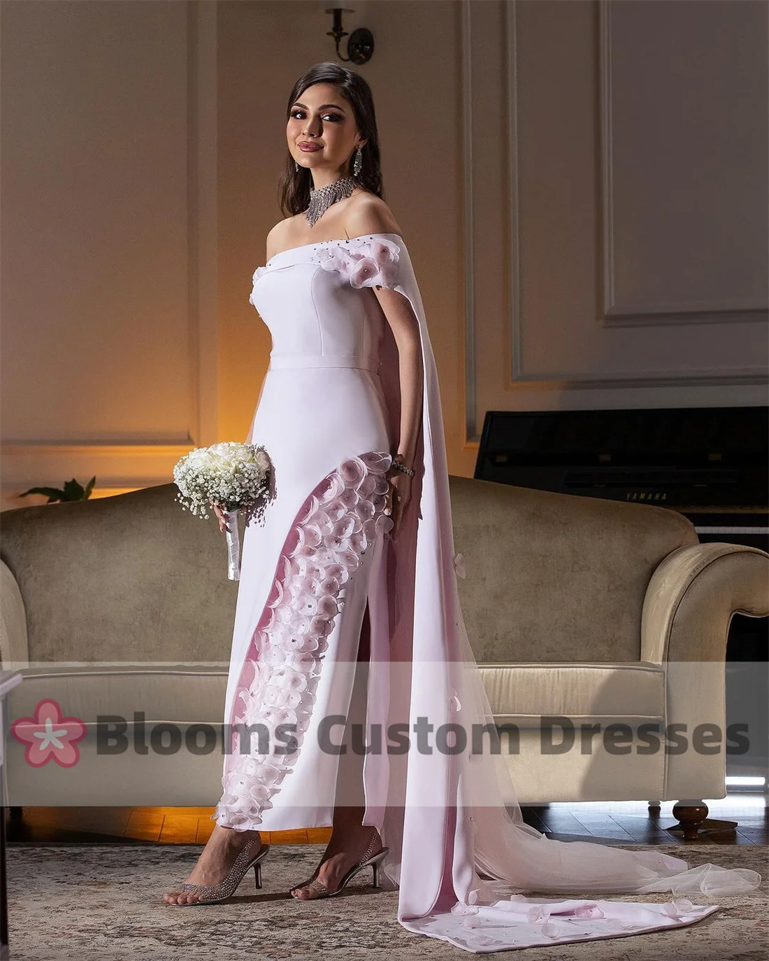 Blooms Luxury Off Shoulder Customized Prom Dress 3D Circle Flowers Beaded Party Evening Dresses Wedding Formal Occasion Gown