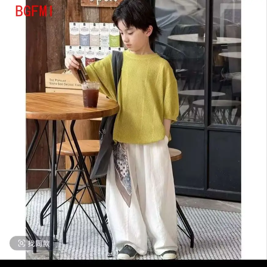 2-12Y Boys Summer Korean Set 2026 New Thin Yellow Knitted Short Sleeved Top+ White Wide Leg Pants Ventilate Two-piece Casual Set