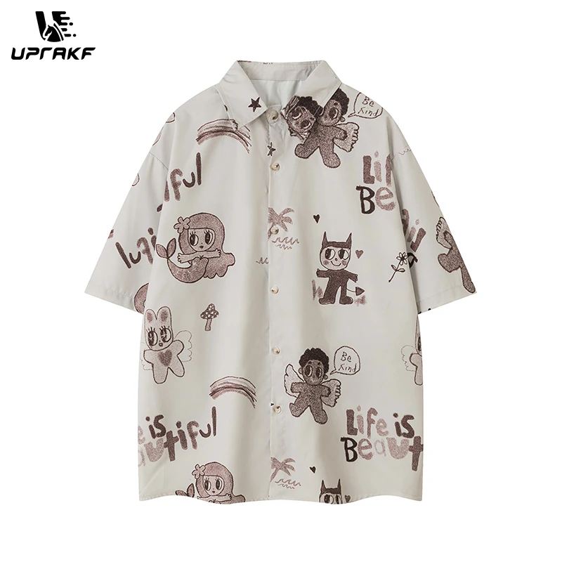 UPRAKF Cartoon Pattern Print Shirts Short Sleeve Loose Button Up Tops Casual Summer Outwear High Quality Fashion Beach