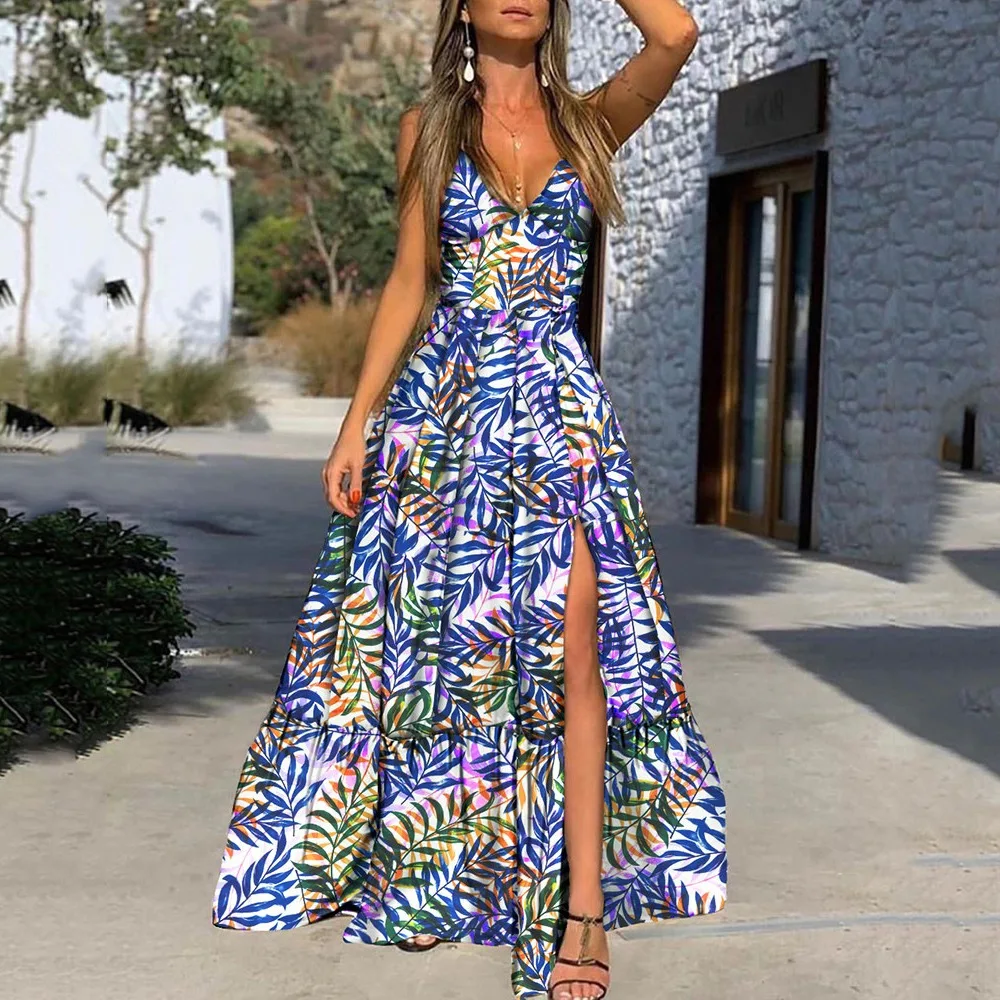 

Tropical Print High Slit Maxi Dress Women Floral Backless Summer Party Dresses High Waist Boho Split Long V-Neck Beach Vestidos