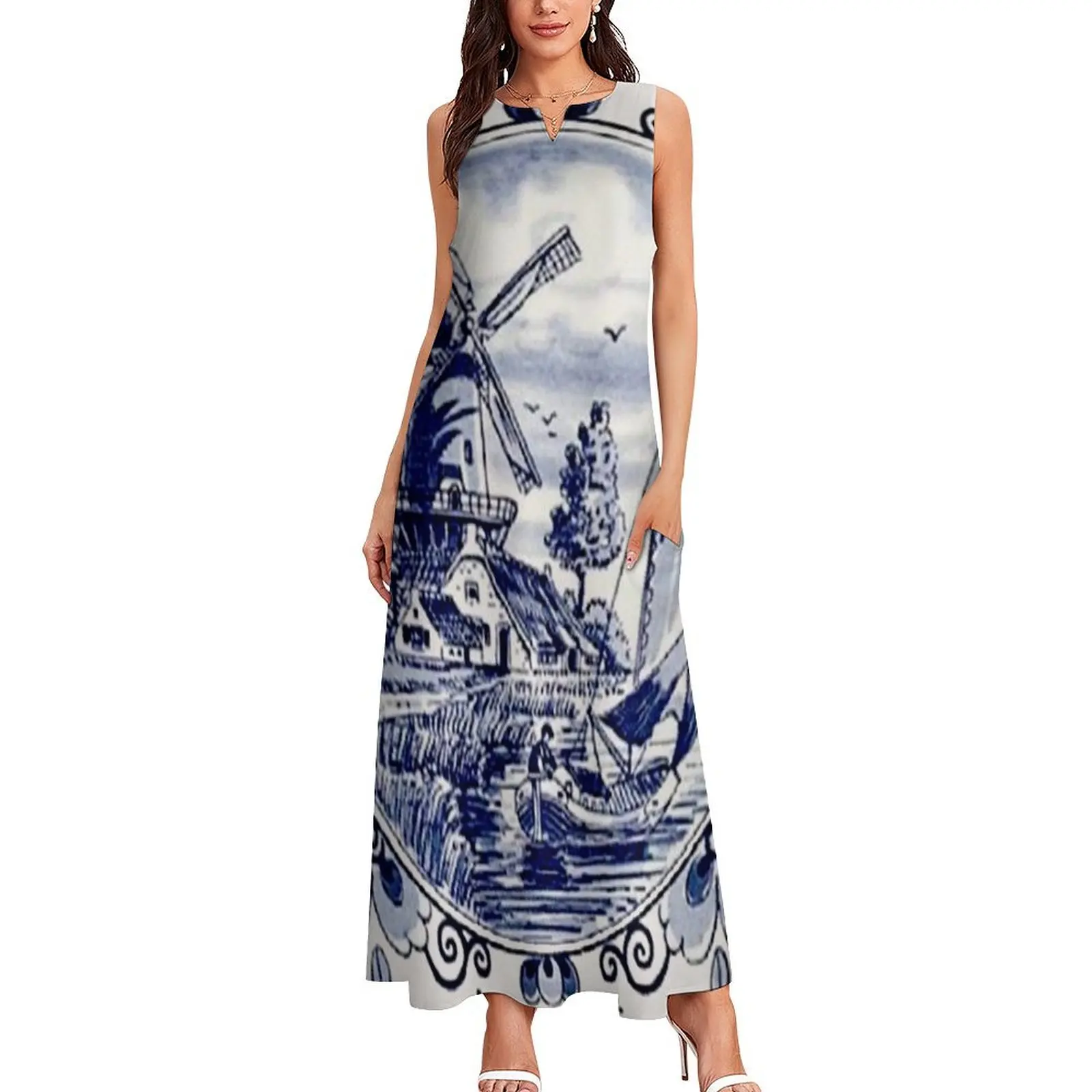 DUTCH BLUE DELFT: Vintage Windmill Print Long Dress Long dresses Women's skirt luxury dresses Dress