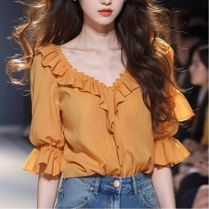 2024 Summer New Women Solid Color Romantic Chic Blouses Spliced Ruched Ruffles V-neck Single-breasted Commute Short Sleeve Shirt