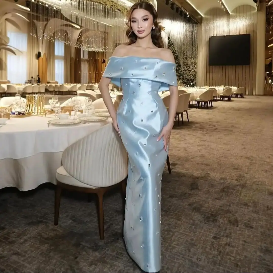 تخصيص السماء الزرقاء قبالة الكتف فساتين لحضور الحفلات الموسيقية 2025 الديكور لامعة حورية البحر فساتين السهرة أنيقة الزفاف النساء فستان الضيوف