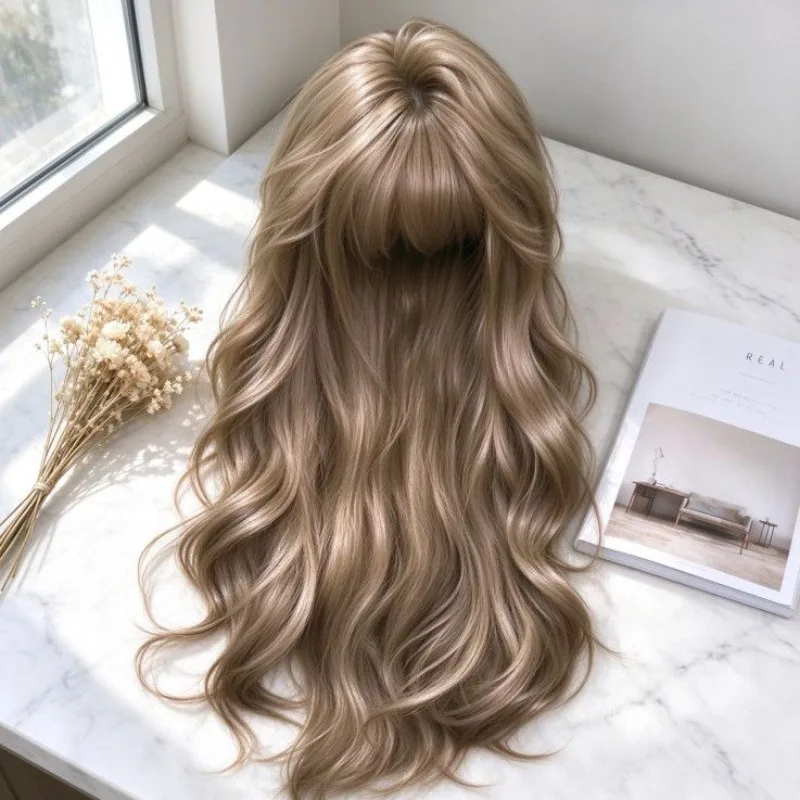 Women Long Wavy Full Wig with Bangs Ash Brown Color Natural Looking Heat Resistant Synthetic Wig for Daily Wear