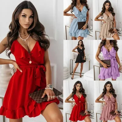 

Summer Women Mini Dress New Solid Color Sexy Fashion Strap Sleeveless Dress High Waist V Neck Sashes