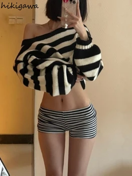 Casual Striped Women Pullovers Oversized Tops Sueter Mujer Slash Neck Sexy Jumper Chic Knitted Sweater 2025 Fall Winter Clothing 2