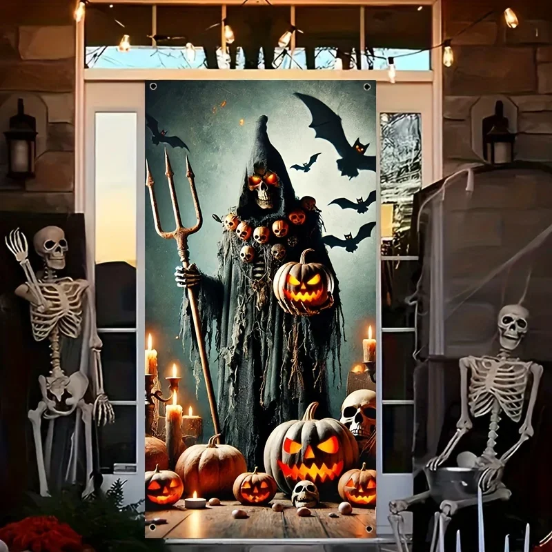 2D-Türvorhang 2D/flach, 1-teilig, Polyester, Todesgott-Kürbis Eerie-Kürbislaterne für Halloween-, Innen- und Außenpartys