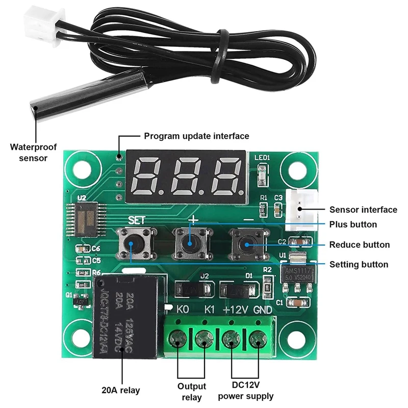 2X W1209 DC 12V Digital Temperature Controller Board -50-110°C Electronic Temperature Temp Control Module Switch (1Pack)