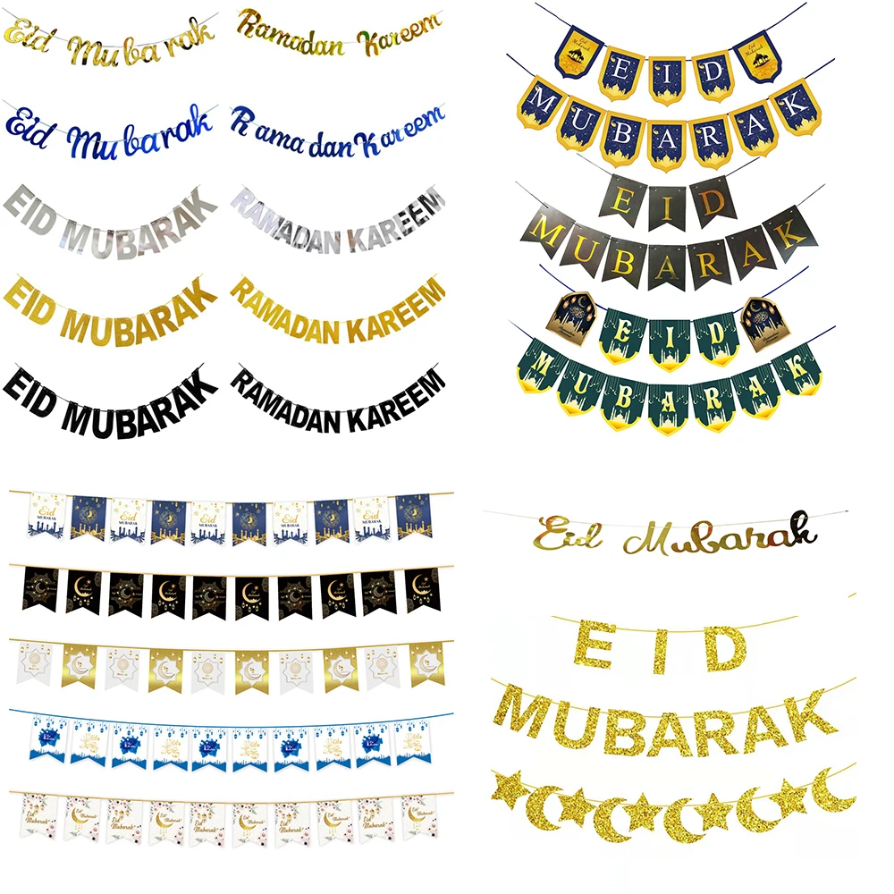 Eid Mubarak Paper Banner Garland Moon Star Hanging Ornaments Islamic Muslim for Home Ramadan Decoration Festival Party Supplies