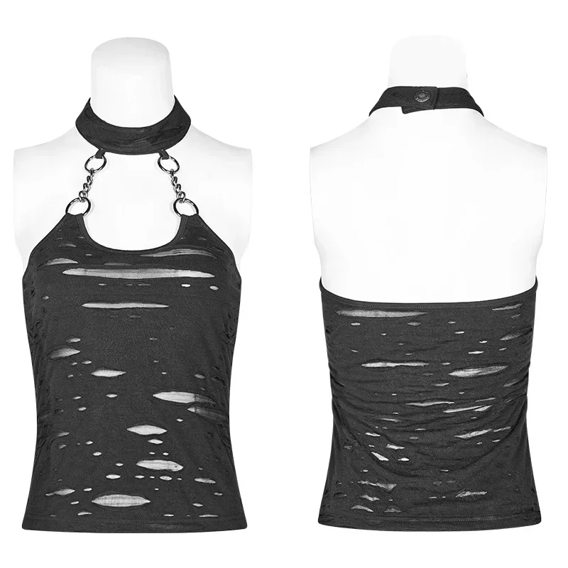 PUNK RAVE Women\'s Gothic Post Apocalyptic Black Chained Halter-neck Top Broken Hole Chain Knit Backless Women Vest Camis