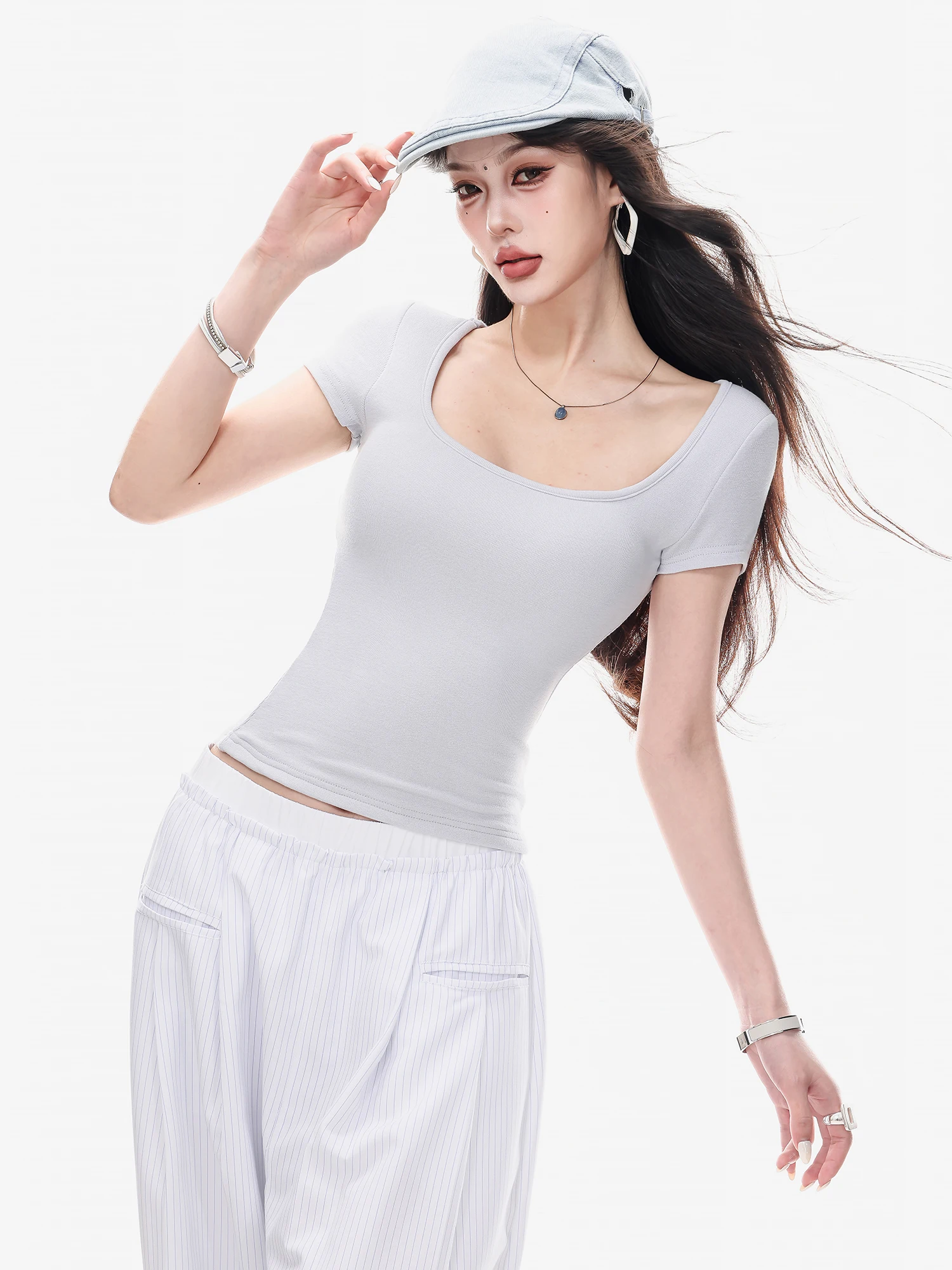 

ABWLR Jeju Summer Original round Neck Short Sleeve T-Shirt Women's Slim Fit Basic Style Spicy Girl Top Chinese Production