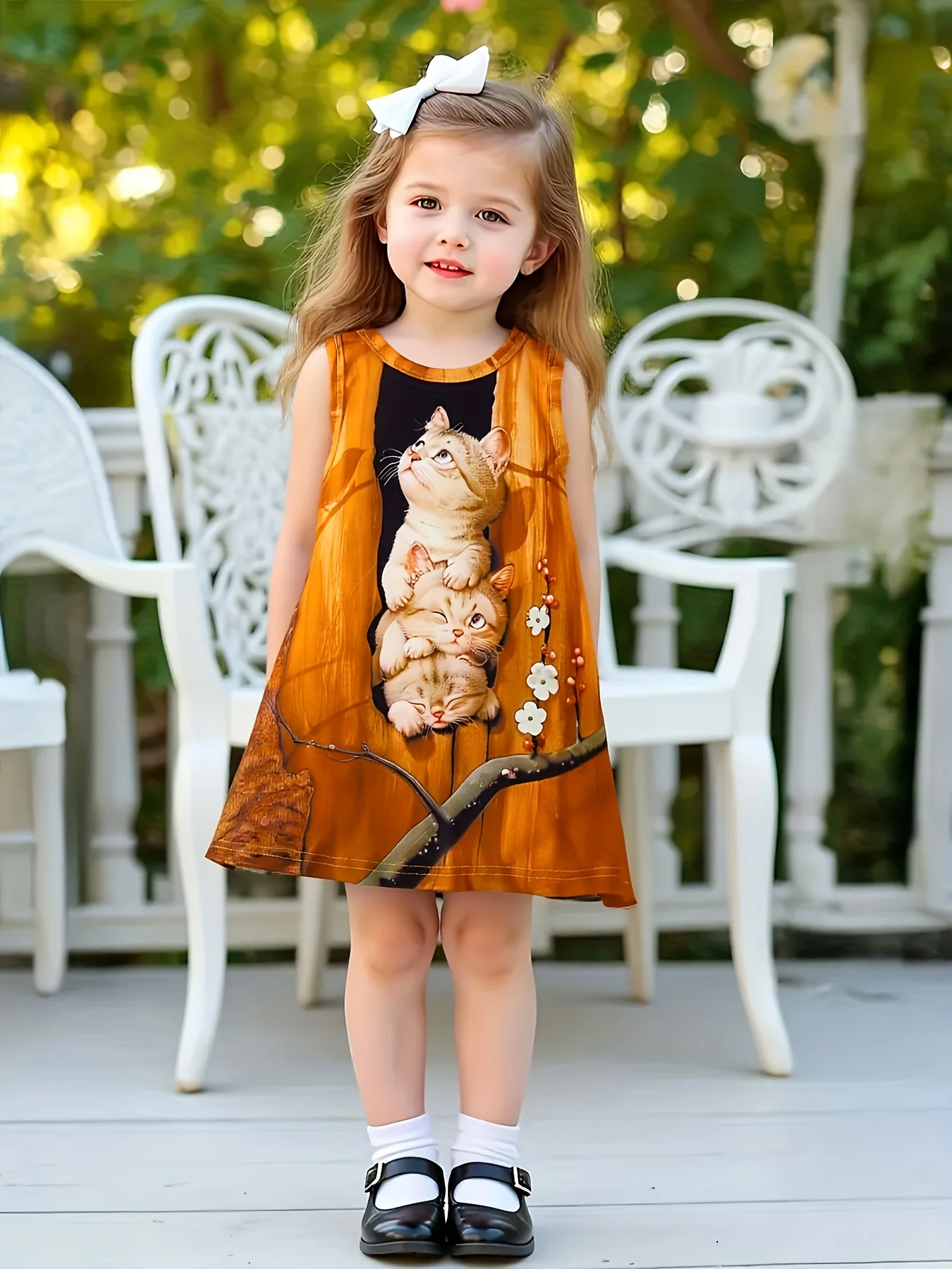 

Warm Orange Cute Stacked Cats Print Sleeveless Dress - Girls’ Healing Adorable Summer Outfit