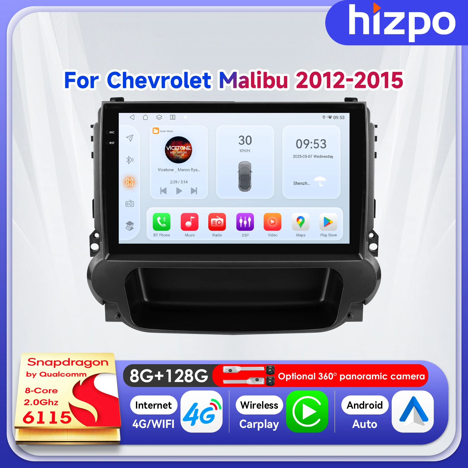 

Автомобильный мультимедийный плеер Hizpo 9 дюймов с беспроводным CarPlay для Chevrolet Malibu 2012-2015: навигация, стереосистема, смарт-функции, Bluetooth, 4G, GPS, RDS