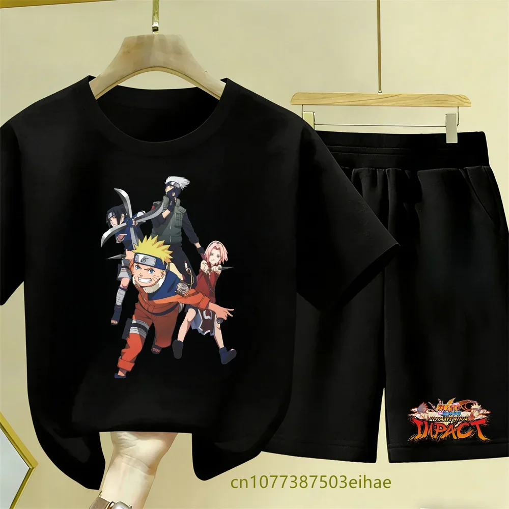 Naruto Anime Print Clothing Set - Summer Breathable Children's Short-sleeved T-shirt, Cute Casual Top + Shorts Set - New Style