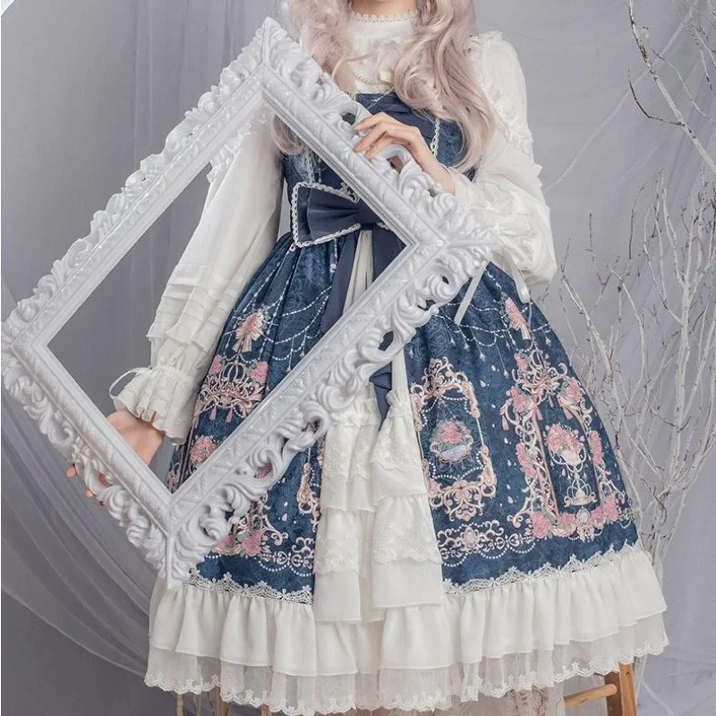 Gaya Vintaj Jepun Elegan Lolita Jsk Dress Wanita Kawaii Bow Flower Print Cosplay Dresses Sweet Girl Gothic Y2k Strap Dress