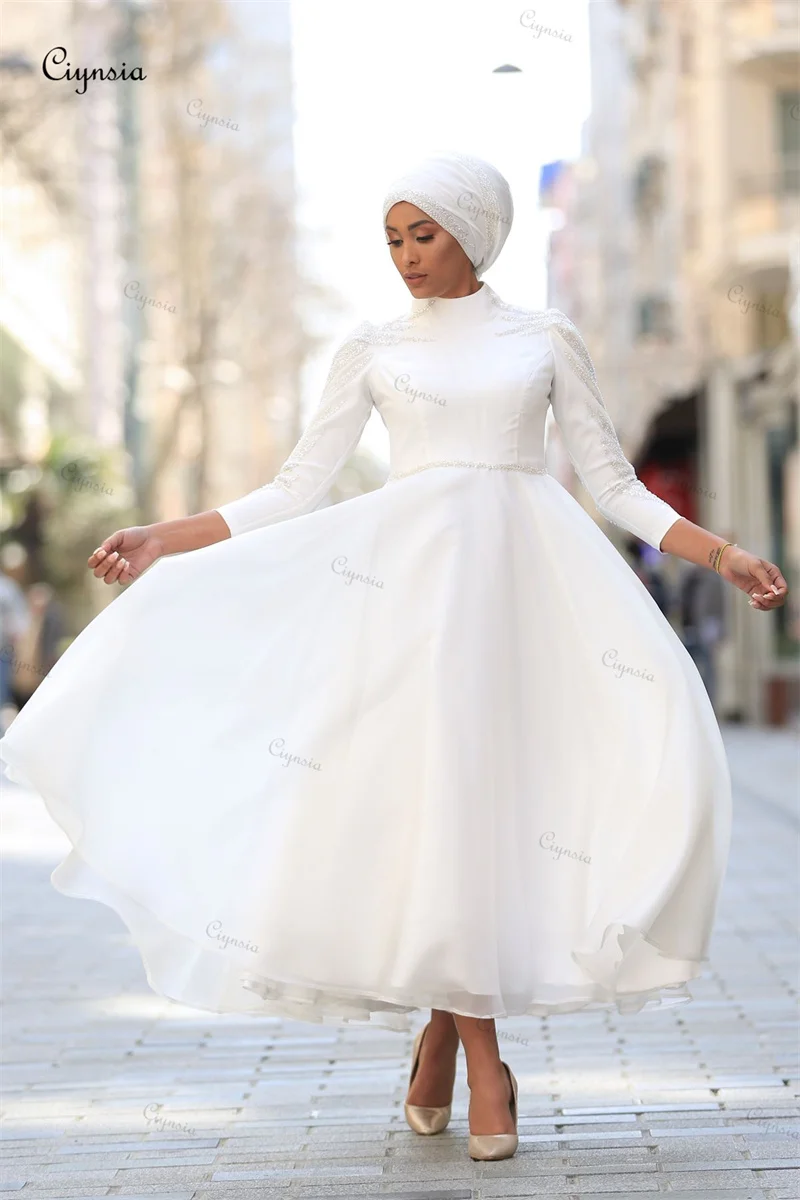 

Ciynsia Tea Length A-Line White Hijab Evening Dress Gown Chiffon Beading Long Sleeves Robes De Soirée Wedding Party Dresses 2025