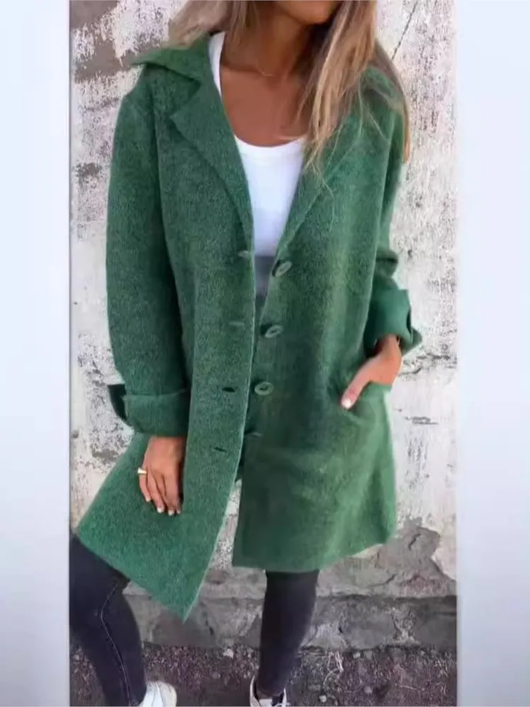 Abrigo de moda para mujer, abrigos cálidos de otoño e invierno, gabardina de estilo largo, chaqueta elegante de un solo pecho de Color puro, prendas de vestir exteriores