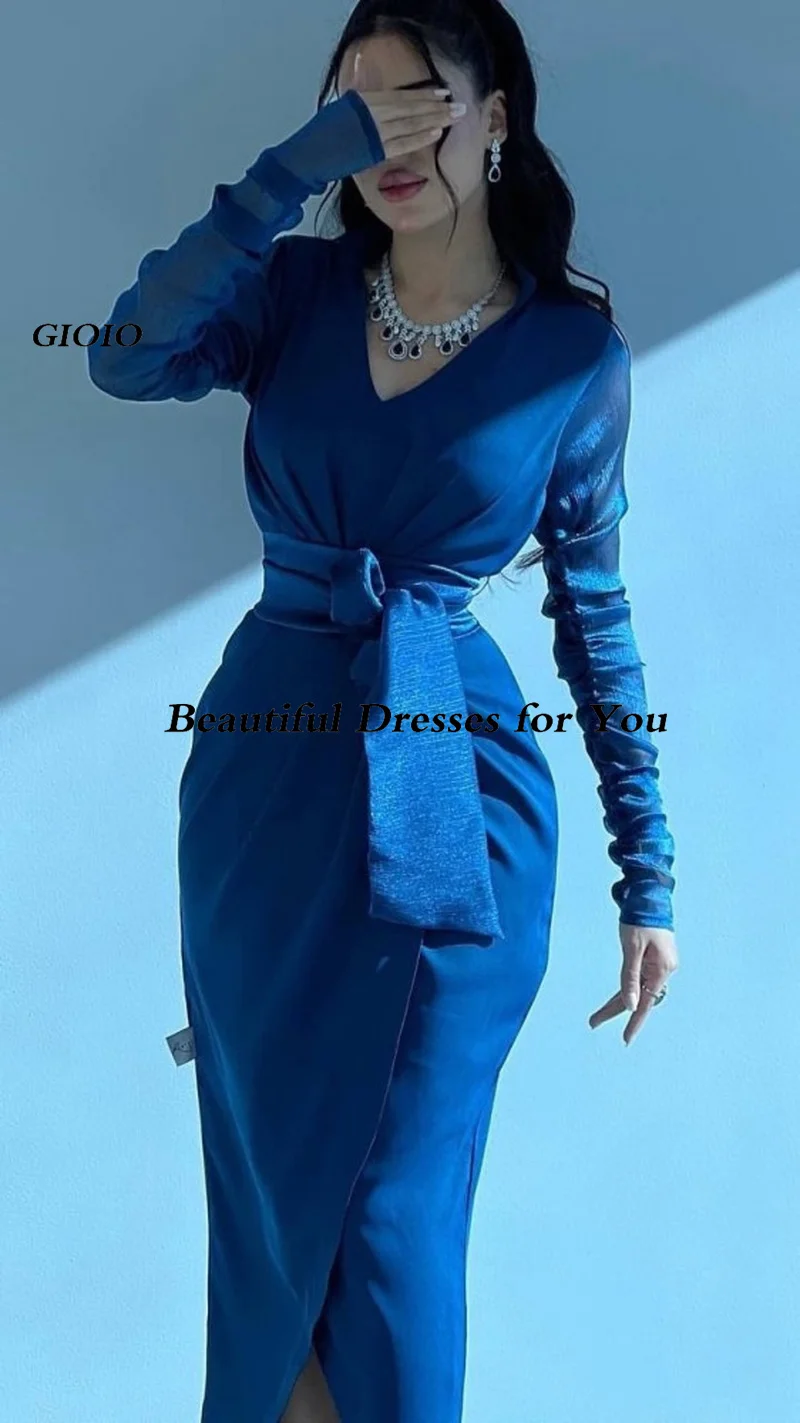 V-Neck Sheath Belt Satin Luxury Formal Evening Dresses Long Sleeves  فساتين سهرة  Ankle Length Elegant Prom Growns Party Women