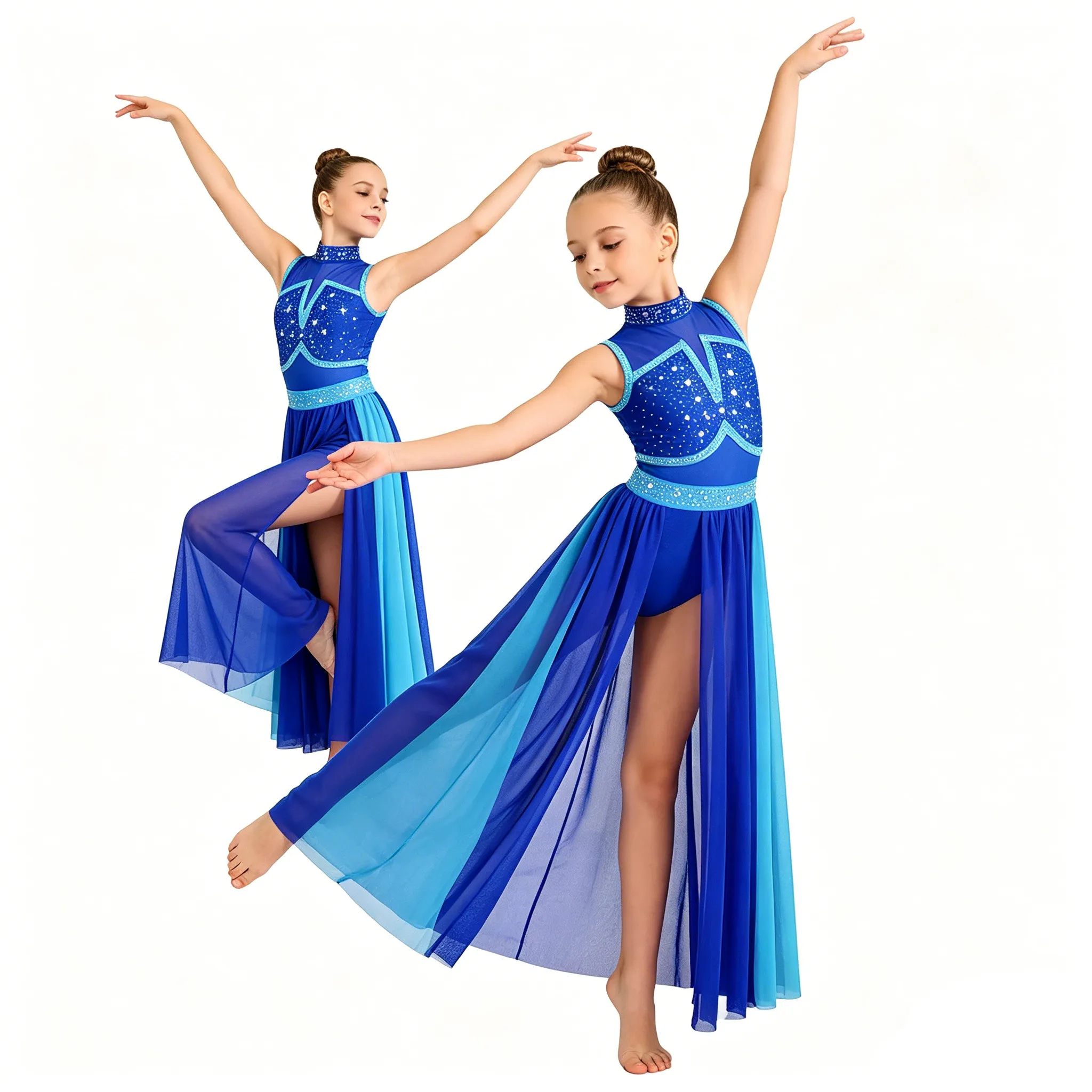 Kids Girls Modern Lyrical Dance Dress Shiny Rhinestone Sheer Mesh Leotard Dress for Skating Gymnastics Acrobatics Worship Choir