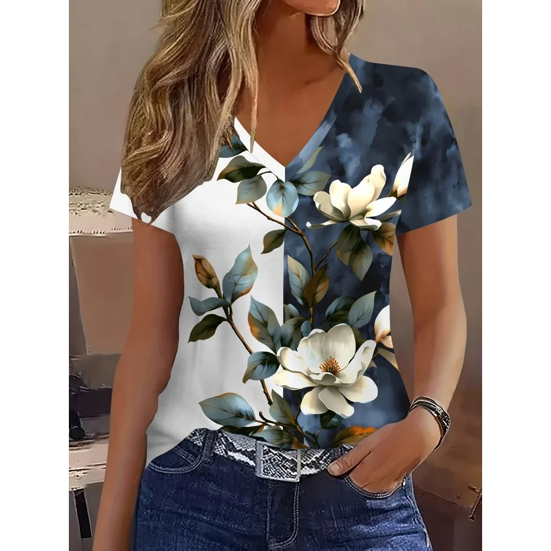 Vintage Elegant Fashionable Simple Casual MagnoliaFlower Botanical Leaf Floral Color BlockBreathable V-Neck Short Sleeve T-Shirt