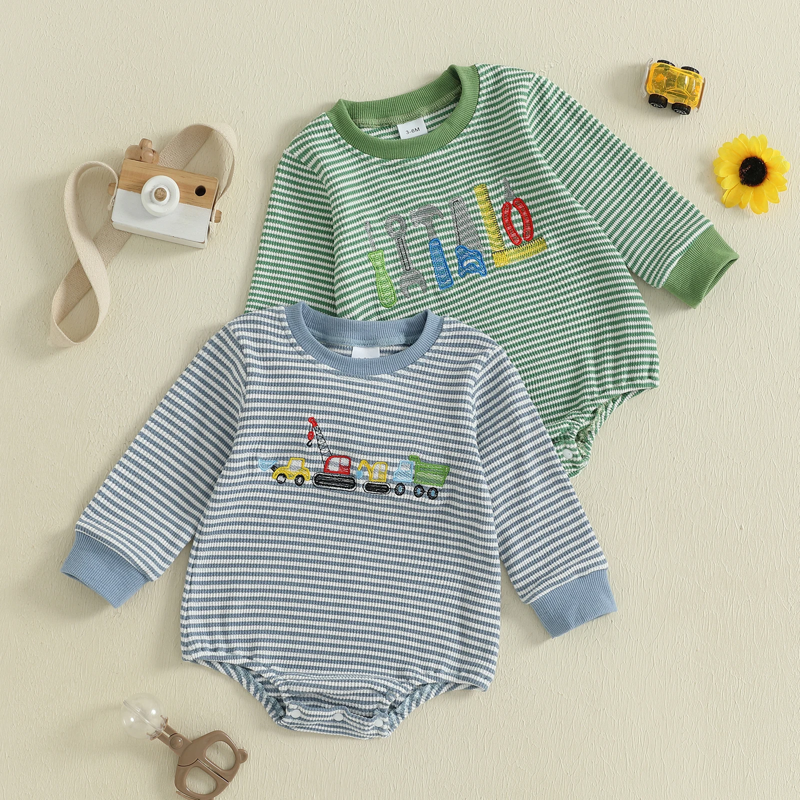 

SUNSIOM 0-18 Months Baby Boy Striped Sweatshirt Romper Truck/Tool Embroidered Long Sleeve Waffle Knit Bodysuit Fall Clothes