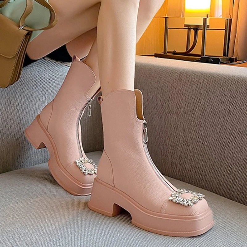 Spring Autumn Female Ankle Boots Fashion Classic British Style Thick Bottom Luxury Women\'s Boots Rhinestones Shoes for Women