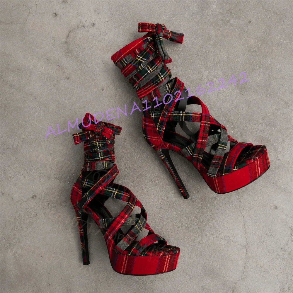 Women Plaid Platform Sandals High Heel Lace Up Open Toe Stiletto Shoes Wrap Around Ankle Strap Party Evening Fashion Footwea6r