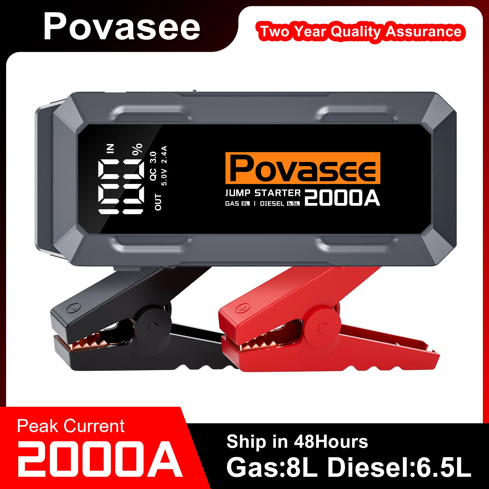 Povasee Jump Starter Power Pack 2000A Car Battery Booster with 3