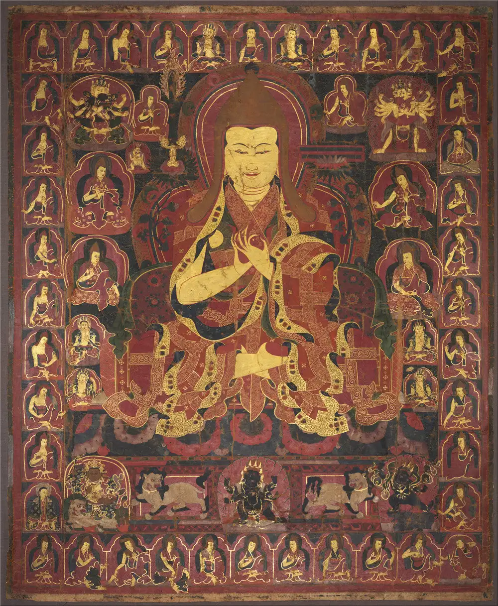 

Tsongkhapa Thangka (17th Century Old Version),Gandhanra Tibetan Buddhist Thangka Art,Giclee Printed and Hand Framed,47" × 32"