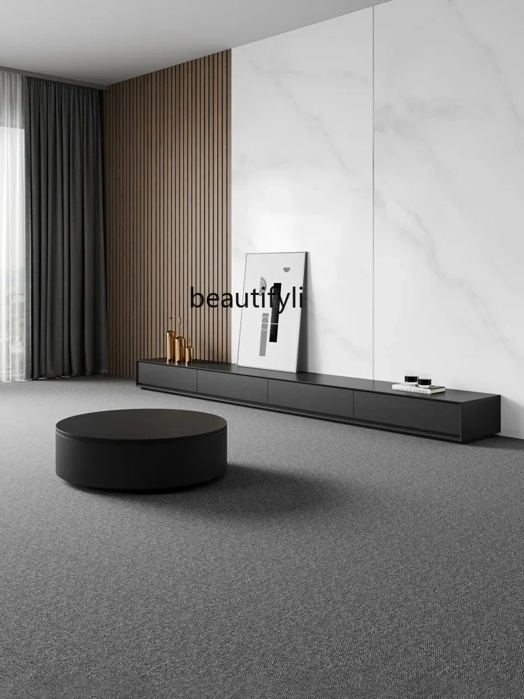 

zzMinimalist Floor TV Cabinet and Tea Table Combination Modern Minimalist Black Solid Wood Living Room Storage TV Stand