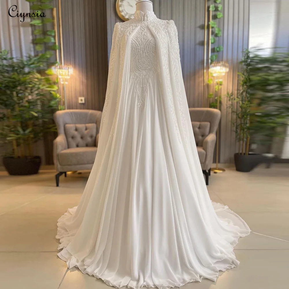 Ciynsia luxe manches longues Robe De mariée musulmane 2024 mariée en mousseline De soie avec perles a-ligne robes De mariée avec Cape Robe De Mariée