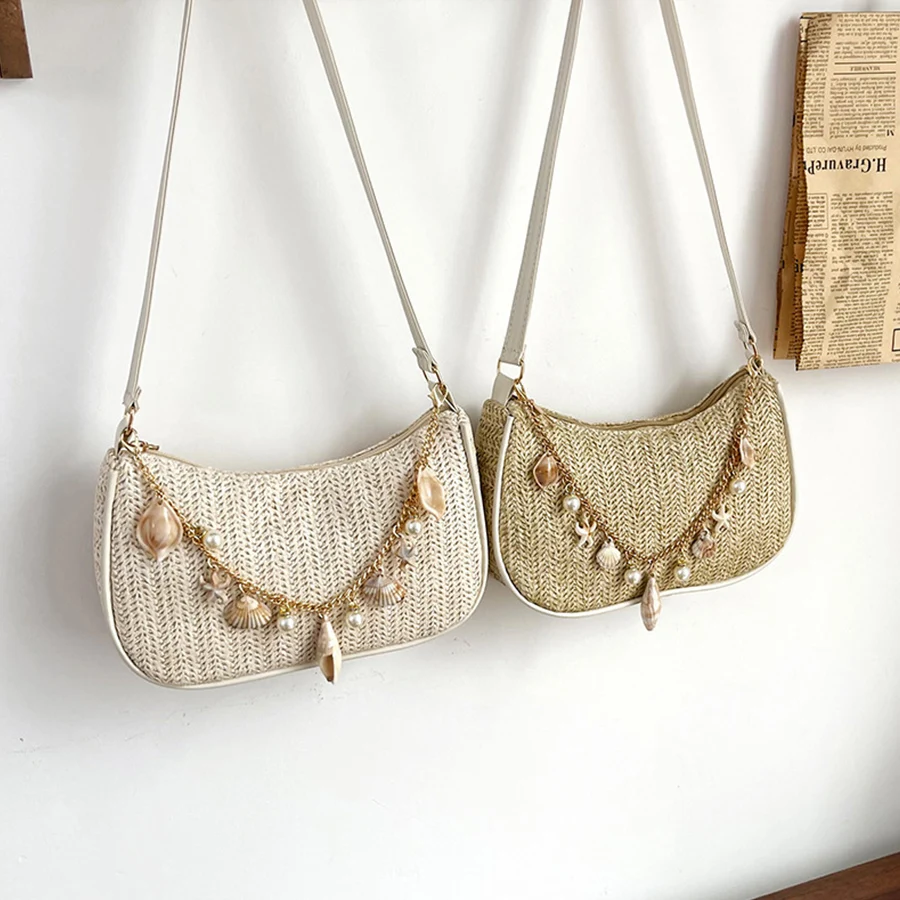 Bohemian Summer Straw Shoulder Bag with Ocean Shell, Starfish & Seahorse Charms, Perfect for Beach Vacation & Tropical Getaways