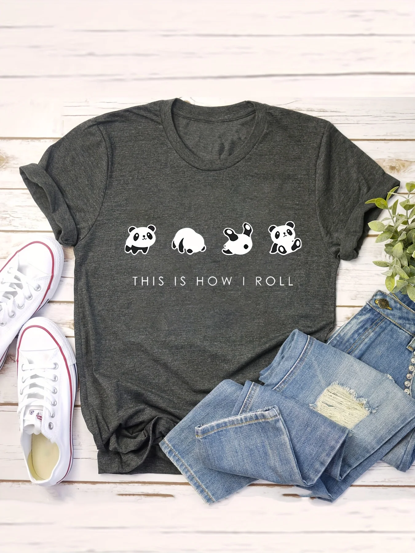 This Is How I Roll Panda Women's Tee - Cute Rolling Panda Graphic, Casual Dark Gray Top