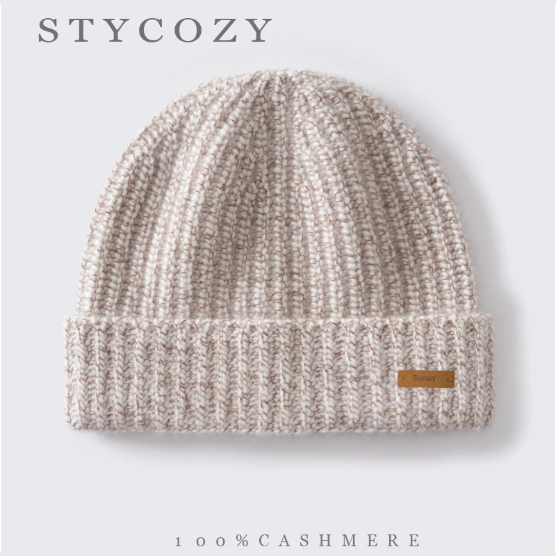 100% Cashmere Heavyweight Textured Yarn Beanies Rib Knit Folded Cuff Solid Skullies Hats Unisex Winter Thick Warm Colorful Caps