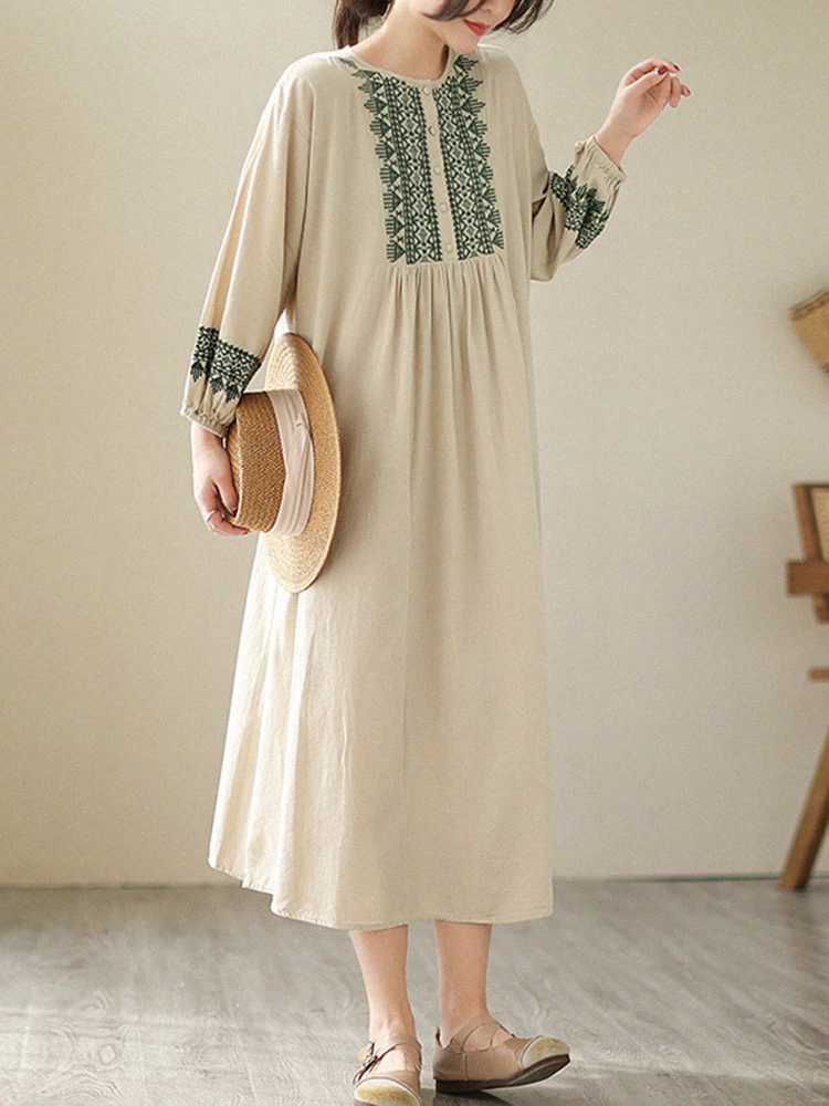 Large Size Cotton Linen Doll Skirt Women's Forest System Embroidery Long Dr round Ne A-Line Summer Spring Casual Dr