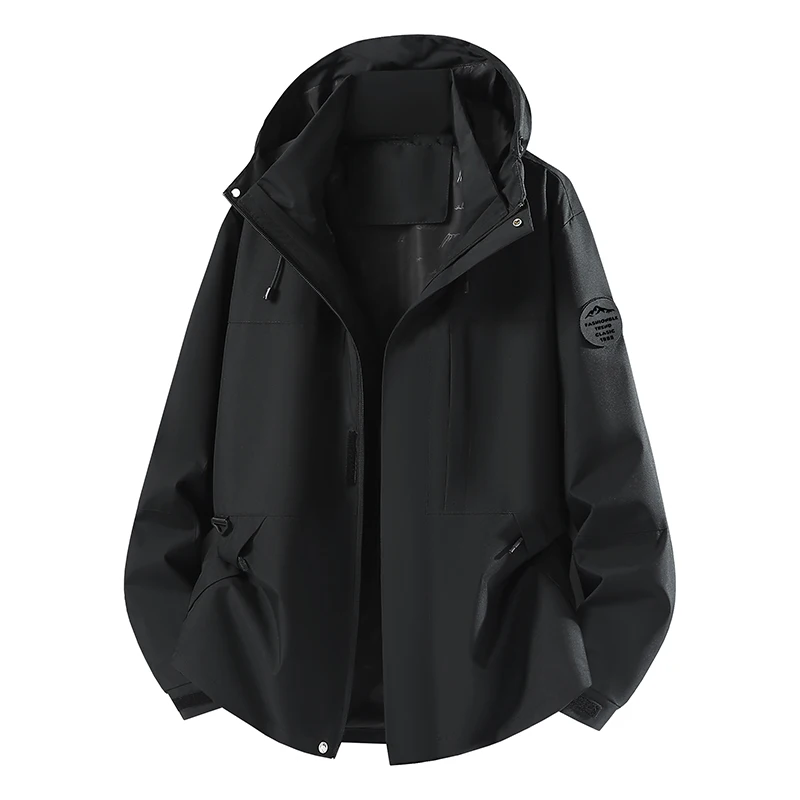 Men Hooded Outdoor Windbreaker Detachable Arm Badge Zip‑Up Hiking Jacket Loose Casual Outerwear Multi‑Color Coat