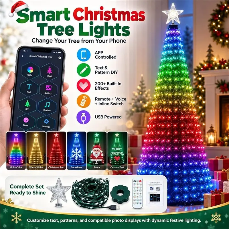 A08R USB Smart Christmas Tree Lights Controllable Via Phone App 400 Addressable Leds USB String DIY Color Xmas Tree Lights