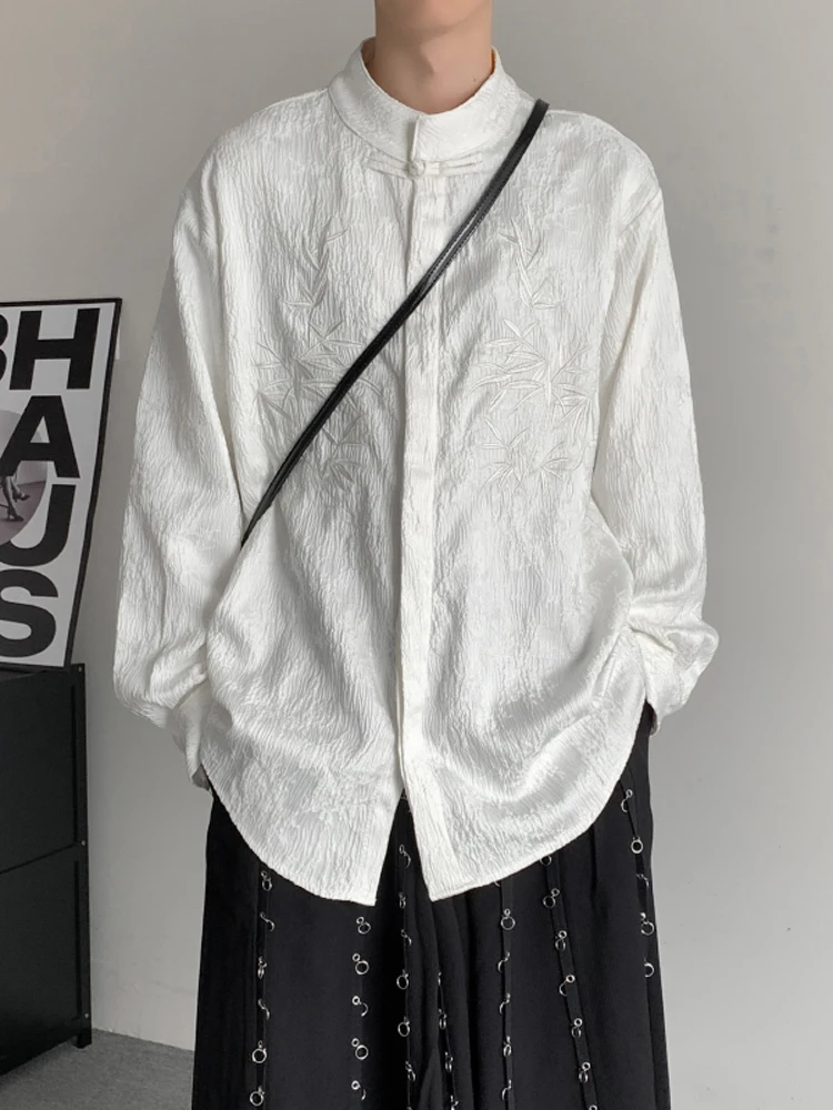

Retro Embroidered Floral Stand Collar Men's irt Large Size Button Design Breathable Polyester Long Sve Spring Faion