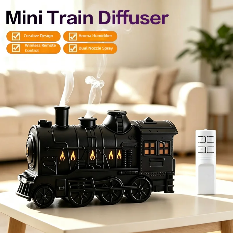 TINSOL Small Train Aroma Humidifier with Dual-Nozzle Spray and Remote Control, Essential Oil Diffuser for Bedroom