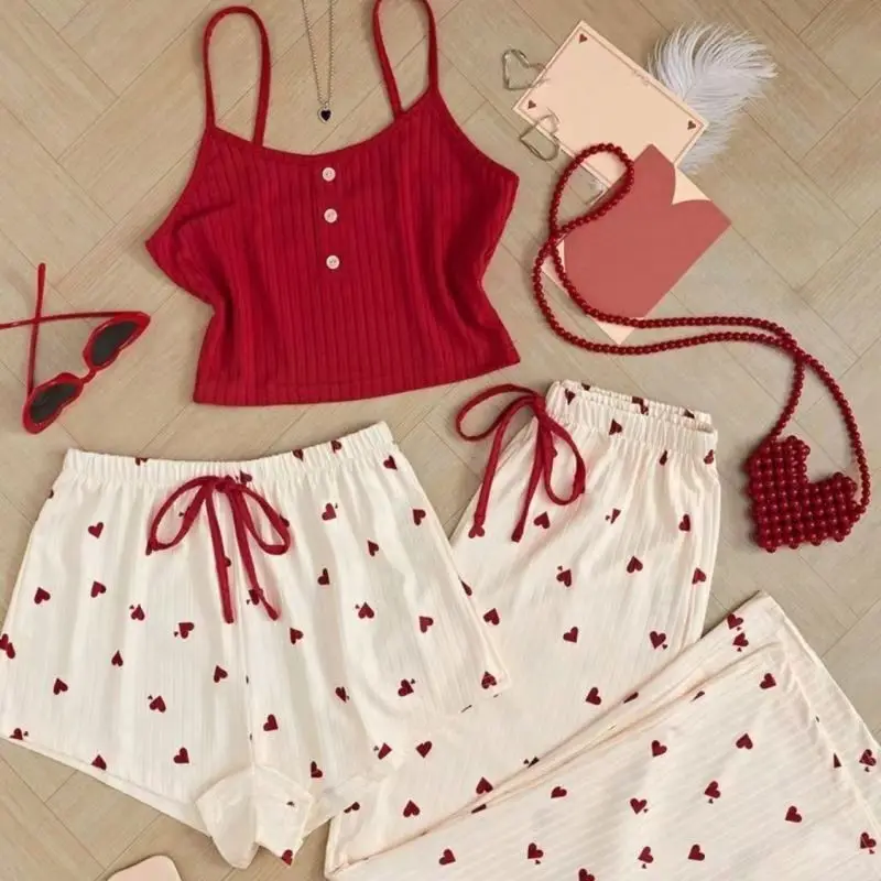 New Women Summer Camisole Pajamas Girl Student Short Long Pants 3-Piece Set Woman Casual HomeWear Ladies Loungewear Worn Outside