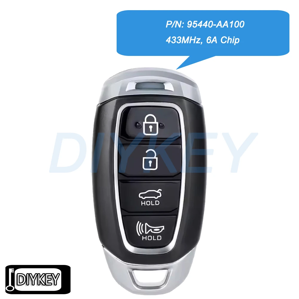 

4 кнопки, умный дистанционный автомобильный брелок, чип 433 МГц, 6 А для Hyundai Elantra 2021 2022 2023 Артикул: 95440-AA100 FCC ID: MBEC4FOB2004