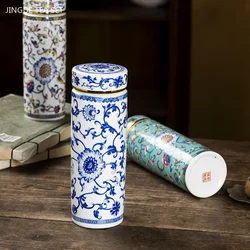 380ml Jingdezhen Ceramic Enamel Color Teacup Double Inner Liner Blue and White Porcelain Tea Cup Office with Cover Cup