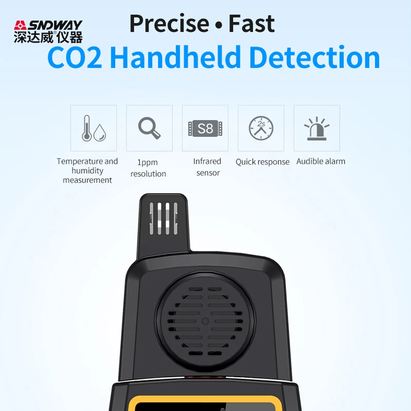 SNDWAY cyfrowy miernik CO2 SW-723 detektor dwutlenku węgla ręczny 0-9999PPM przemysłowy/domowy 3w1 Tester termohigrometr